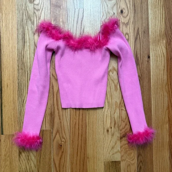 Pink Off-Shoulder Top Feather Trim These Three Boutique Valentines Day Top Med - Picture 2 of 6
